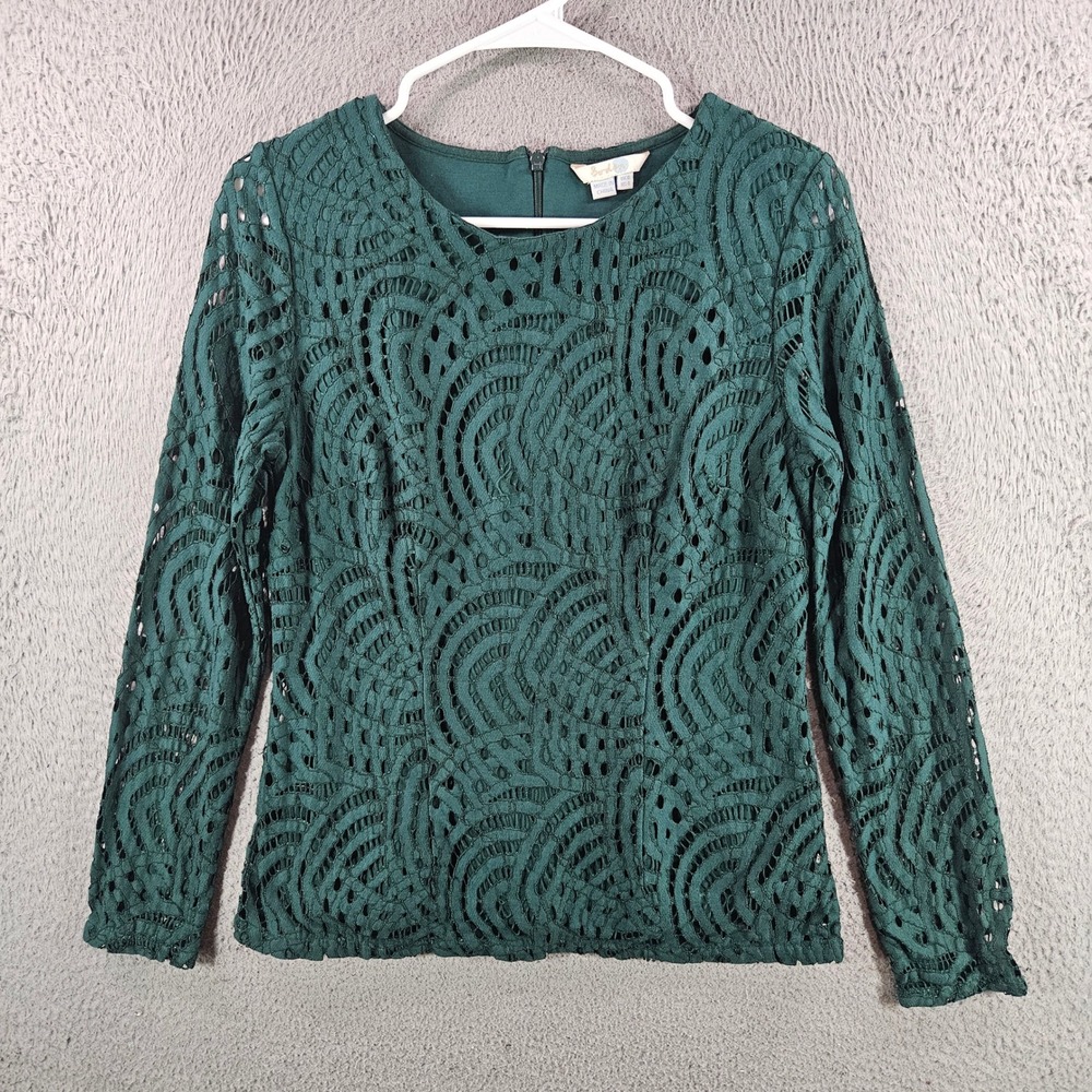Boden Green Lace Long Sleeve Top Crew Neck Back Zip US 4